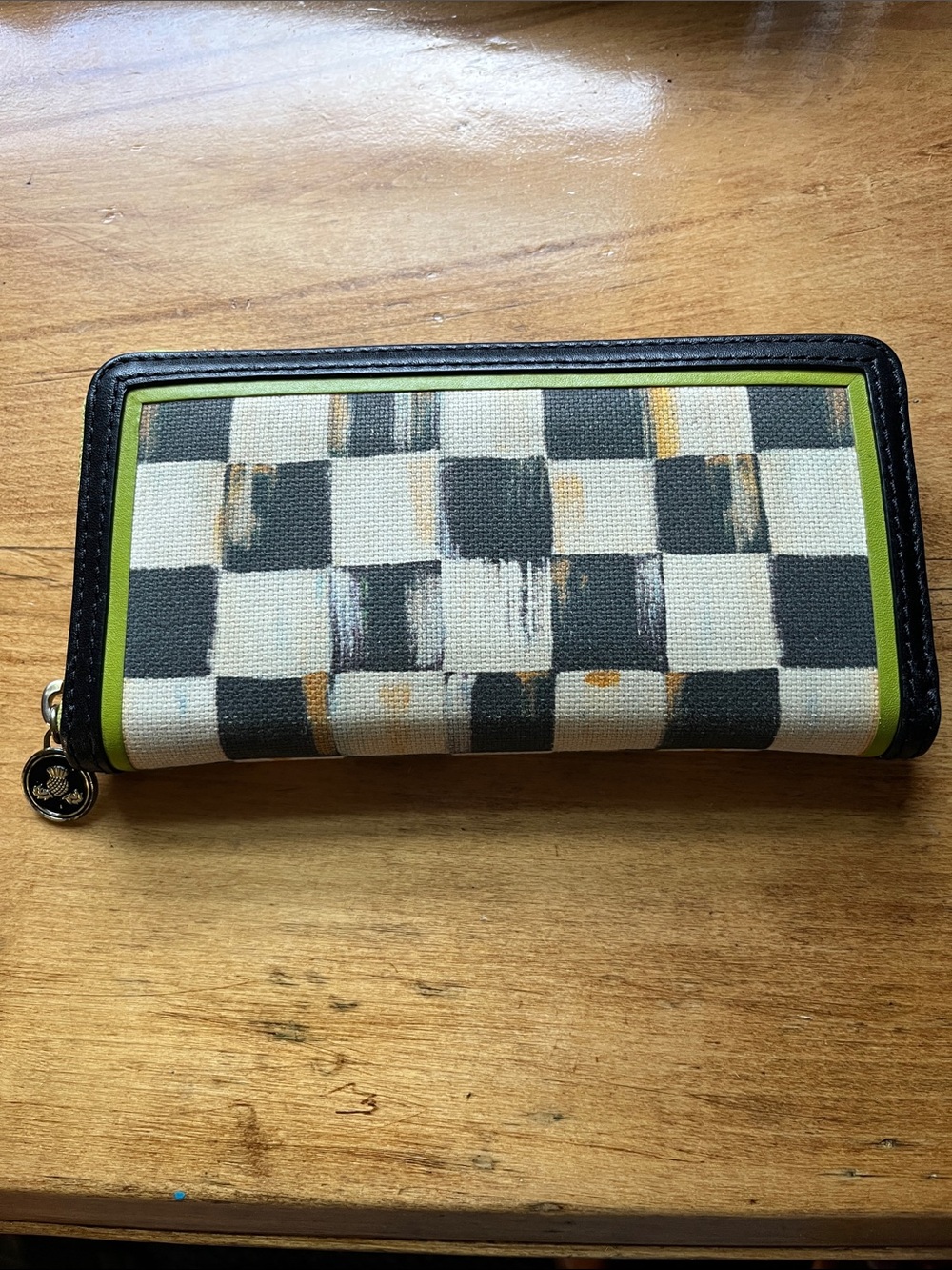 MacKenzie-Childs Painted Checker Zip Wallet in Black, White & Green